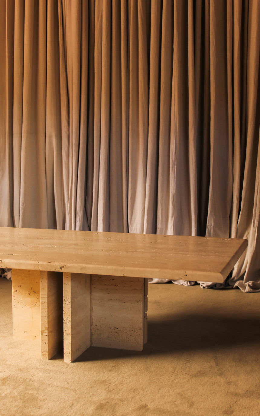 vintage honed unfilled travertine coffee table tables stone flokati velvet modular sofa couch instagram piazza