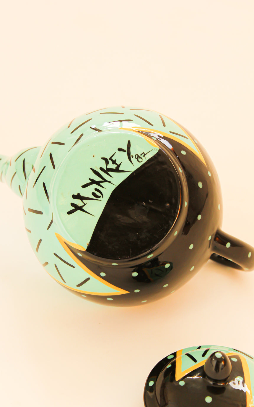 Australian Handpainted Ceramic Memphis Teapot by Monkeys of Melbourne c.1987 vintage piazza australia sydney retro