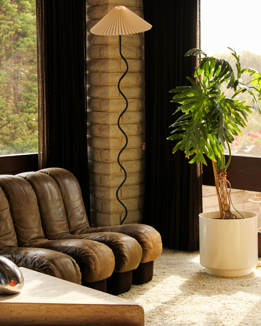 Squiggle wavy floor lamp pleated shade denmark vintage instagram piazza melbourne australia sydney de sede travertine stone lighting mid century