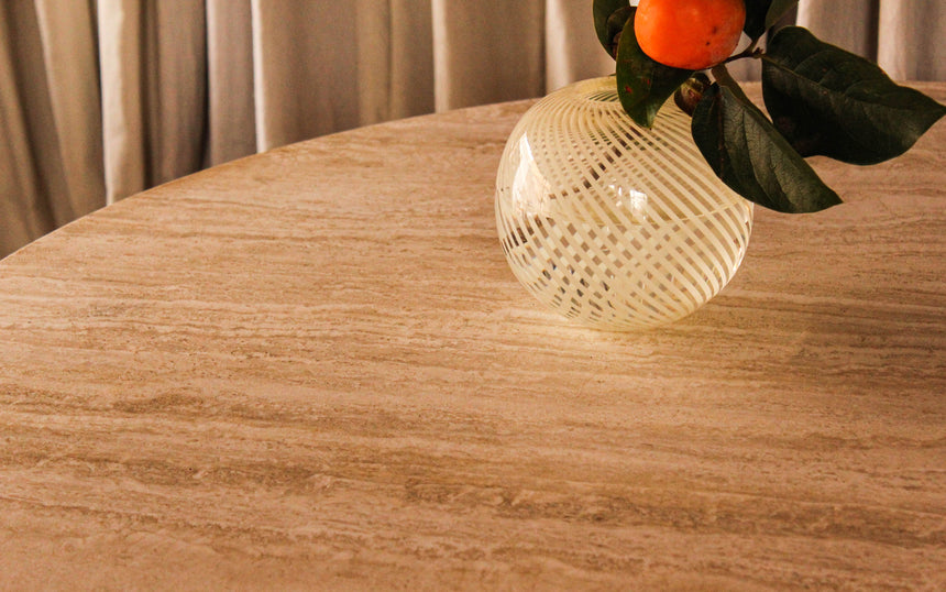 vintage honed unfilled travertine dining table tables stone flokati velvet modular sofa couch instagram piazza