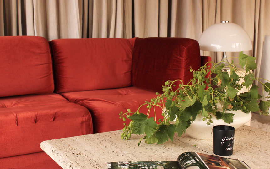 vintage honed unfilled travertine coffee table tables stone flokati velvet modular sofa couch instagram piazza