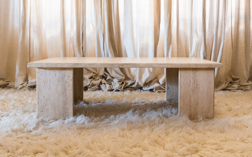 vintage honed unfilled travertine coffee table tables stone flokati velvet modular sofa couch instagram piazza