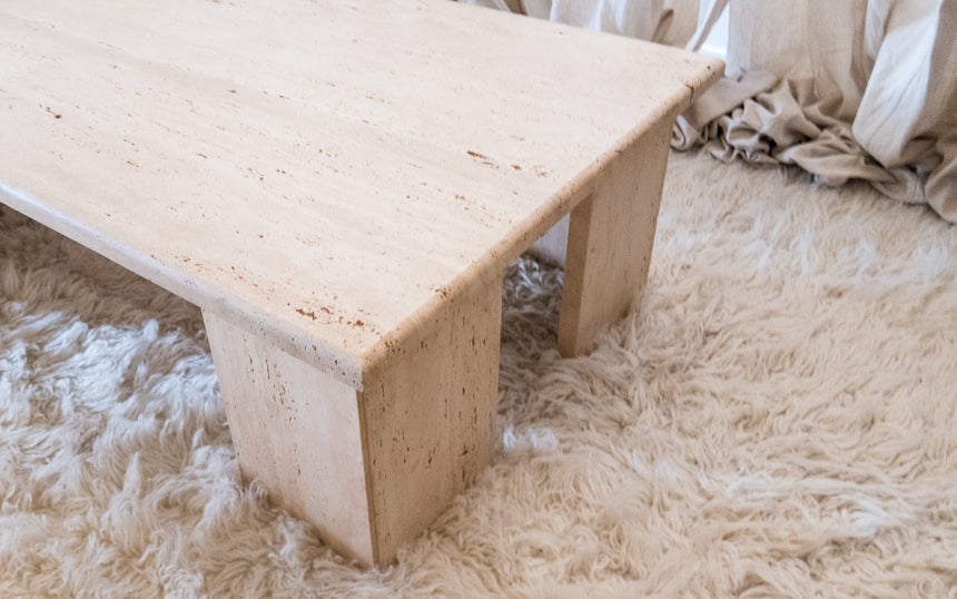 vintage honed unfilled travertine coffee table tables stone flokati velvet modular sofa couch instagram piazza